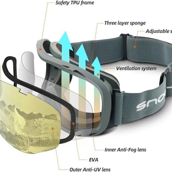 Ski Goggles Over Glasses-Ski Anti Fog 100% - Picture 4 of 6
